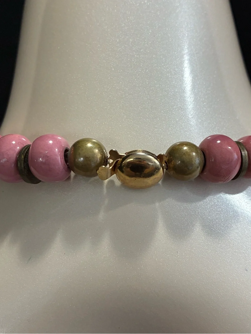 VTG Chunky Ceramic Pink, Teal & Purple Beaded Necklace with Antique Gold Spacers